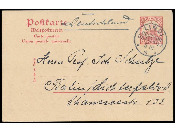 Ganzsache 7 1/2 H. mit Stempel &nbsp;Lindi &nbsp;5.10.14 nach Berlin, befördert mit 1. Postangang über Portugiesisch-Ostafrik