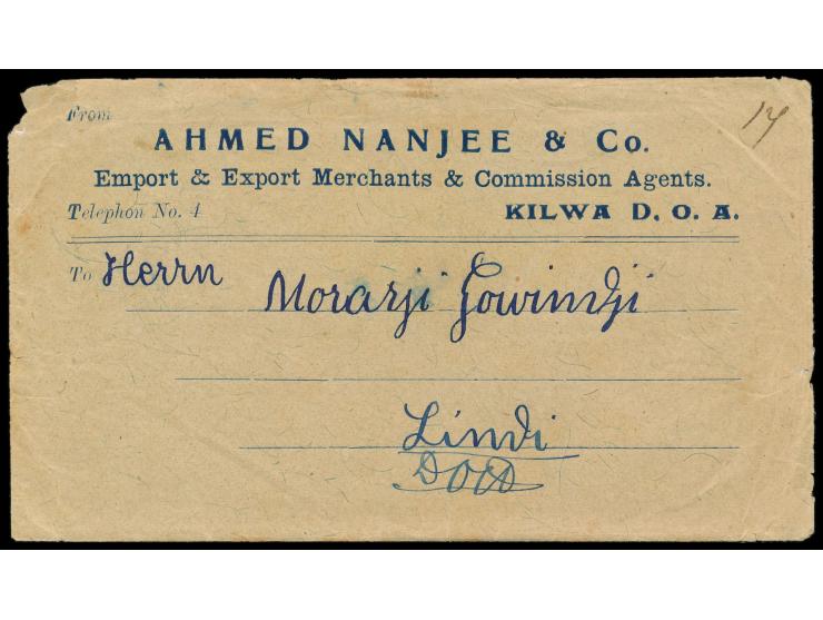 unfrankierter Dhaubrief aus indischer Korrespondenz von  Kilwa  nach Lindi, blaues Dienstsiegel der Zollverwaltung von Deutsc