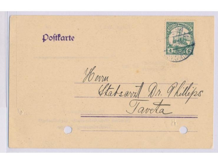 4 H. auf Postkarte mit Stempel Tanga a 29.11.14 an Stabsarzt Dr. Philips in  Taveta,  keine Portobefreiung für Geschäftskorre