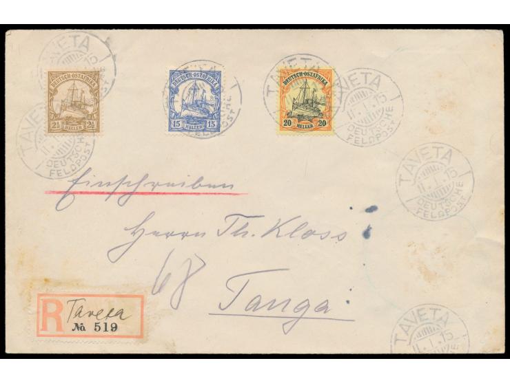 2 1/2, 15 und 20 H. (alle ohne Wasserzeichen!) auf  Einschreibbrief  mit Stempel  Taveta / Deutsche Feldpost  11.1.15, 7 Absc