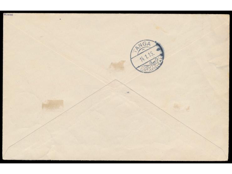 2 1/2, 15 und 20 H. (alle ohne Wasserzeichen!) auf  Einschreibbrief  mit Stempel  Taveta / Deutsche Feldpost  11.1.15, 7 Absc