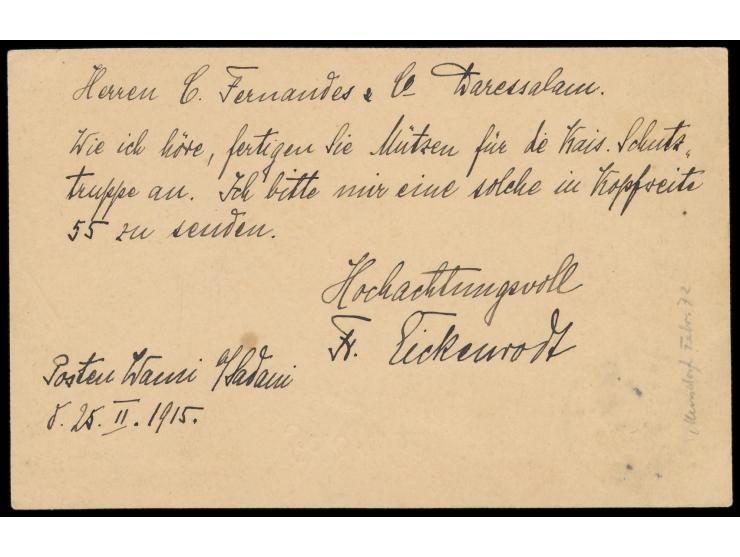 Stempel  Sadani  26.2.15 mit  Aushilfsjahreszahl  auf C 154-Formular mit zugedrucktem "Feld-" vor Postkarte nach Daressalam, 