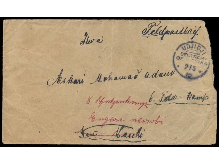 Stempel  Udjidji  2.5.15 auf Feldpostbrief  an einen Askari der 6. Feld-Kompanie  in Neu-Moschi, Ankunftstempel Moschi 14.6.1