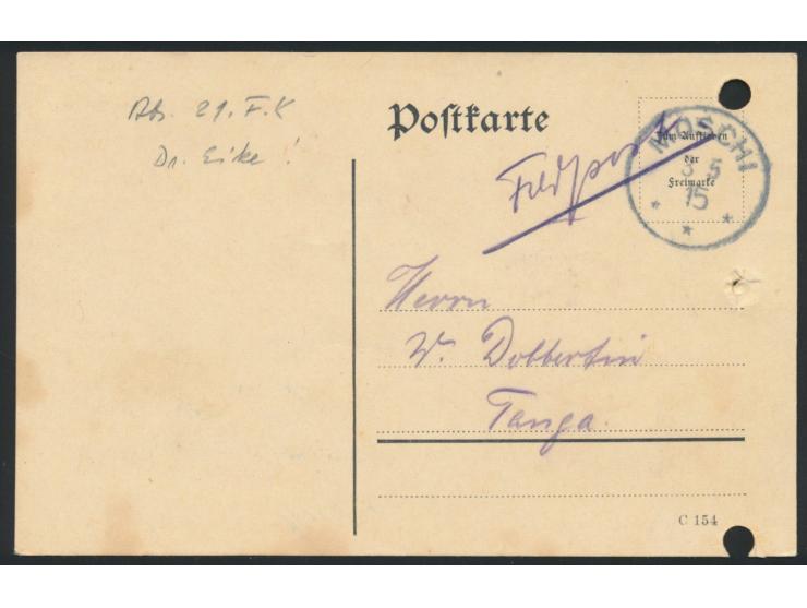 Stempel &nbsp;Moschi &nbsp;3.5.15 auf Feldpostkarte nach Tanga, geschrieben in &quot;Engare Nairobi 2.5.15&quot; von einem An
