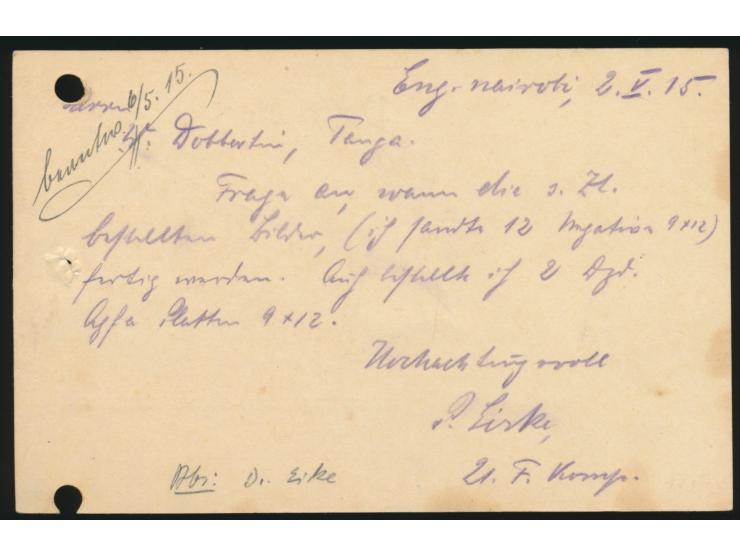 Stempel &nbsp;Moschi &nbsp;3.5.15 auf Feldpostkarte nach Tanga, geschrieben in &quot;Engare Nairobi 2.5.15&quot; von einem An