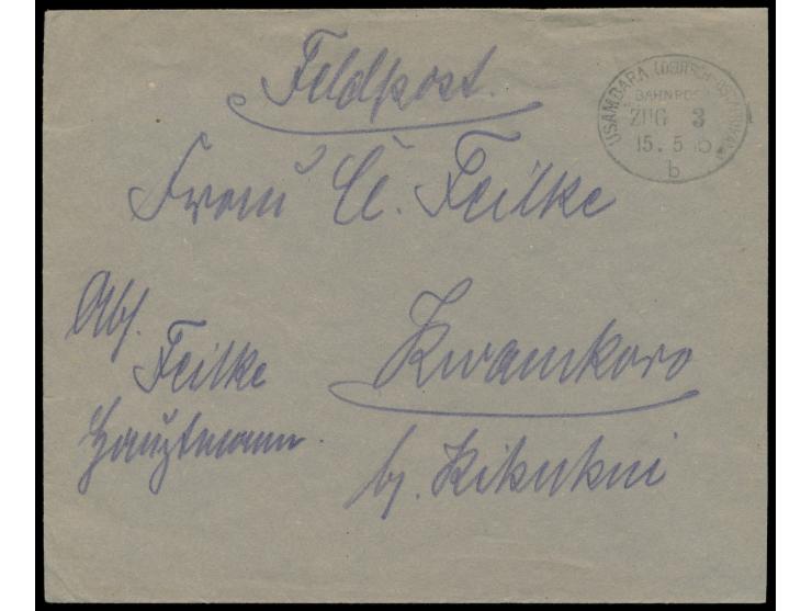 Bahnpost-Stempel  Usambara (Deutsch-Ostafrika) b Zug 3  15.5.15 auf Feldpostbrief nach Kwamkoro, vorderseitig Absender "Feilk