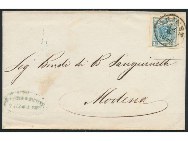 Österreichisch-Italienischer Postverein,  9 Kr. (Ausgabe 1850, Maschinenpapier, Type IIIb) auf Faltbriefhülle  nach Modena,  