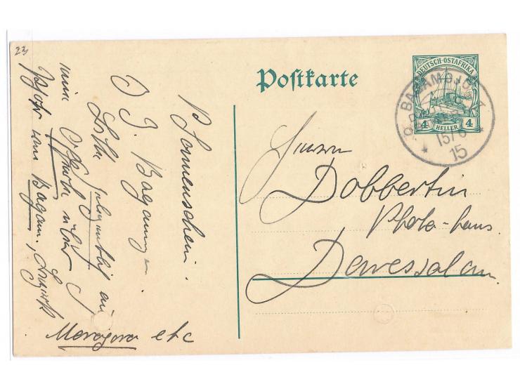 Stempel  Bagamojo  15.6.15 auf Ganzsache 4 H. nach Daressalam, Absender ist Pater Josef Sonnenschein, unten saubere Aktenloch