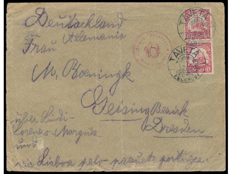 2 x / 1/2 H. auf Brief mit 2 x Stempel  Taveta / Deutsche Feldpost  1.7.15 nach Geising bei Dresden, rotvioletter Stempel  Ze