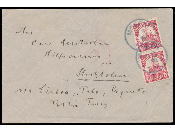senkrechtes paar 7 1/2 H. auf unverschlossenem Brief an den Deutschen Hilfsverein in Stockholm, Stempel  Moschi  2.8.15, rote