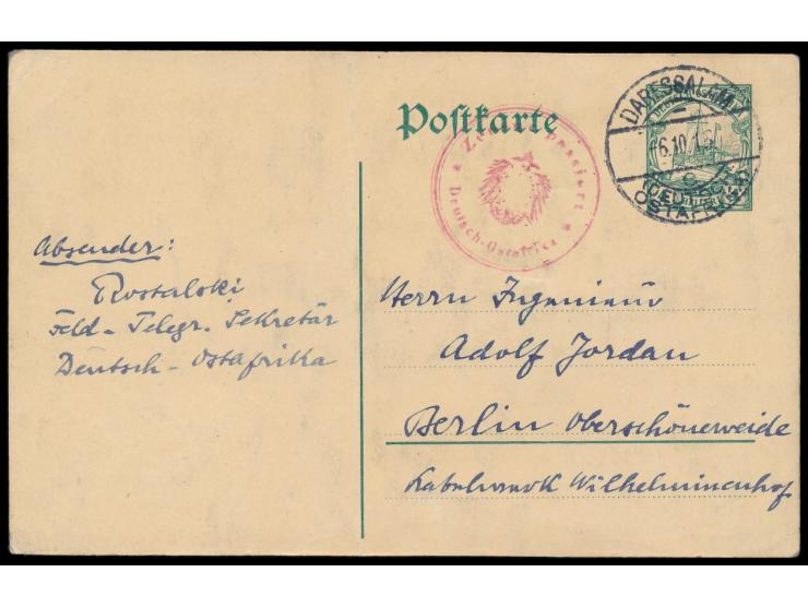 Ganzsache 4 H. mit Stempel  Daressalam c  6.10.1915 nach Berlin, rotvioletter Zensurstempel  Zensur passiert / Deutsch-Ostafr
