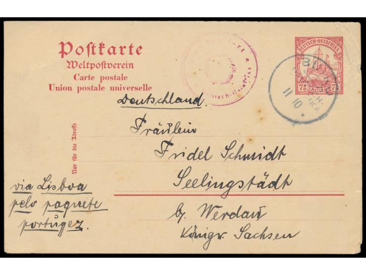 Ganzsache 7 1/2 H. mit Stempel  Buiko  11.10.(1915) nach Deutschland, geschrieben in  Gonja  (Missionsstation), rotvioletter 