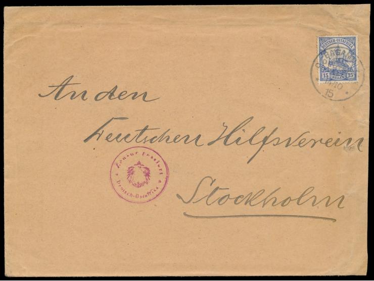 15 H. (kleine Zahnfehler) auf Brief an den Deutschen Hilfsverein in Stockholm, Stempel  Bagamojo  14.10.15 (Aushilfsjahreszah