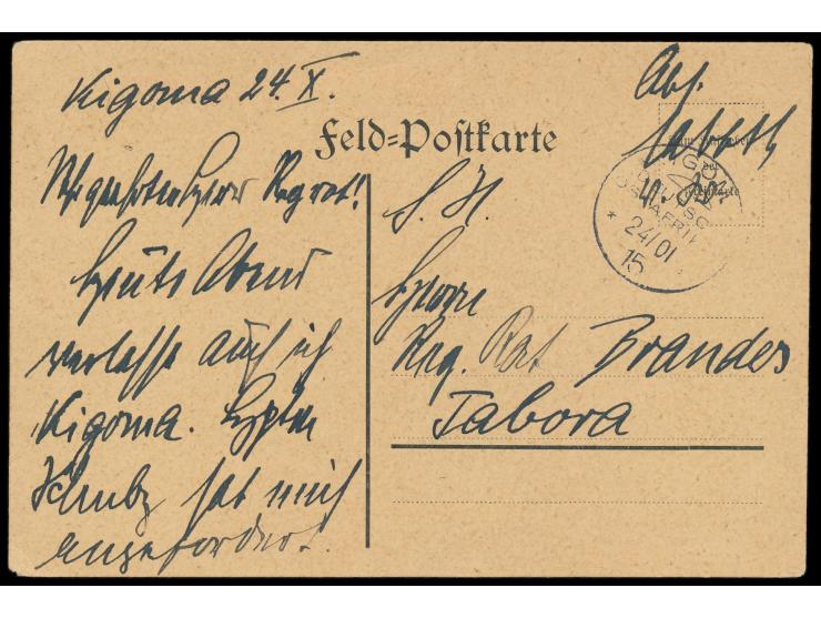 Stempel  Kigoma  24.10.15 mit Aushilfsjahreszahl und kopfstehender Monatszahl auf Feldpost-Vordruckkarte nach Tabora, Schreib