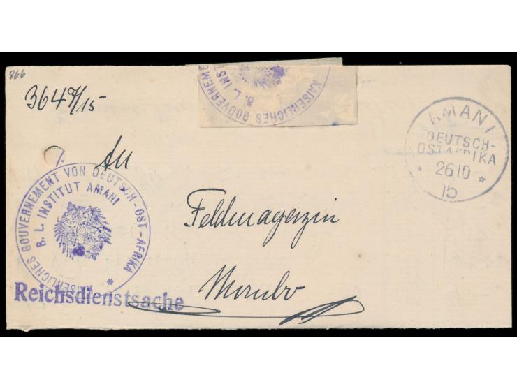 Stempel  Amani  26.10.15 (Aushilfsjahreszahl) auf Faltbrief "Reichsdienstsache" mit Dienstsiegel  ... B. L. Institut Amani  a