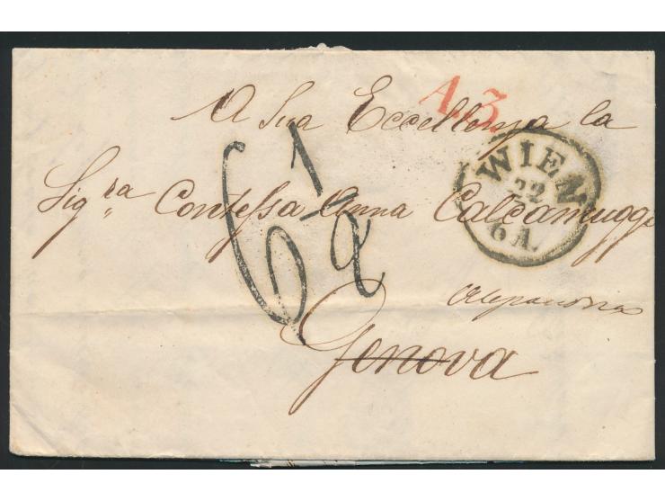 Faltbrief mit Stempel  Wien  22.9.(1858) nach Genua, roter L1  A.3.  und gestempelte  Taxziffer "6 1/2"  mit altertümlicher S