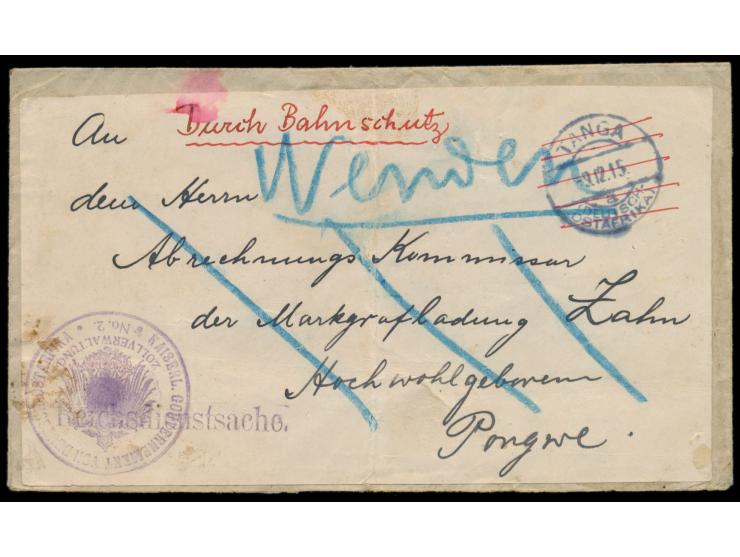 durch Faltung und Überklebung mehrfach verwendeter Umschlag, diverse Stempel und Vermerke, Poststempel  Tanga a  9.12.15 und 