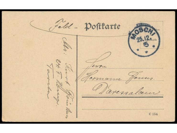 Stempel  Moschi  25.12.15 auf Feldpostkarte  aus Taveta  nach Daressalam, vorderseitig handschriftliche Absenderangabe "Kurt 