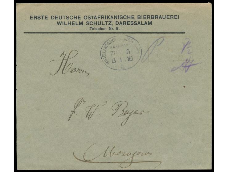 Brief mit vorderseitigem Absendereindruck "Erste Deutsche Ostafrikanische Bierbrauerei Wilhelm Schultz, Daressalam" mit viole
