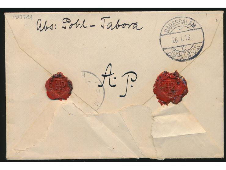 Brief mit Stempel &nbsp;Tabora &nbsp;21.1.16 und violettem R3 &nbsp;Fr. lt. Einn. Nachw. in Tabora, &nbsp;Gebühr 7 1/2 H. han