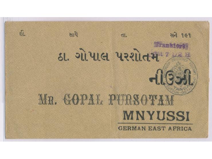 Tanga-Vorausfrankierungsumschlag  mit gedruckter zweisprachiger (Indisch / deutsch) Anschrift "... Mr. Gopal Pursotam, Mnyuss
