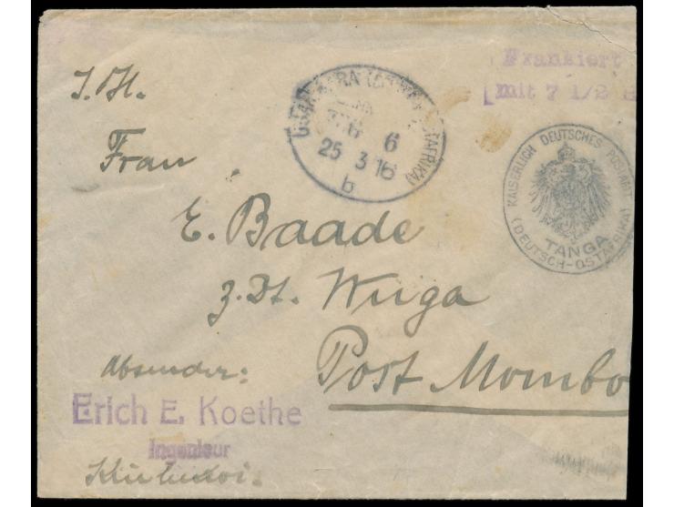 Vorausfrankierungsumschlag von Tanga  mit Bahnpoststempel  Usambara (Deutsch-Ostafrika) b  25.3.16 (Aushilfsjahreszahl) nach 