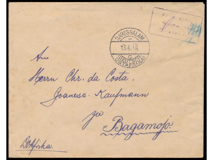 Brief mit Stempel Daressalam c 13.4.16 und violettem R3 &nbsp;Fr. lt. Einn. Nachw. in Daressalam &nbsp;nach Bagamojo, handsch