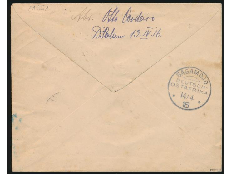 Brief mit Stempel Daressalam c 13.4.16 und violettem R3 &nbsp;Fr. lt. Einn. Nachw. in Daressalam &nbsp;nach Bagamojo, handsch