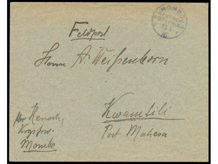 Stempel  Mombo  23.4.16 auf Feldpostbrief , Absender "Henoch, Kriegsfrw. ...", Ankunftstempel Muhesa 26.4.16, Bedarf
Stichwor