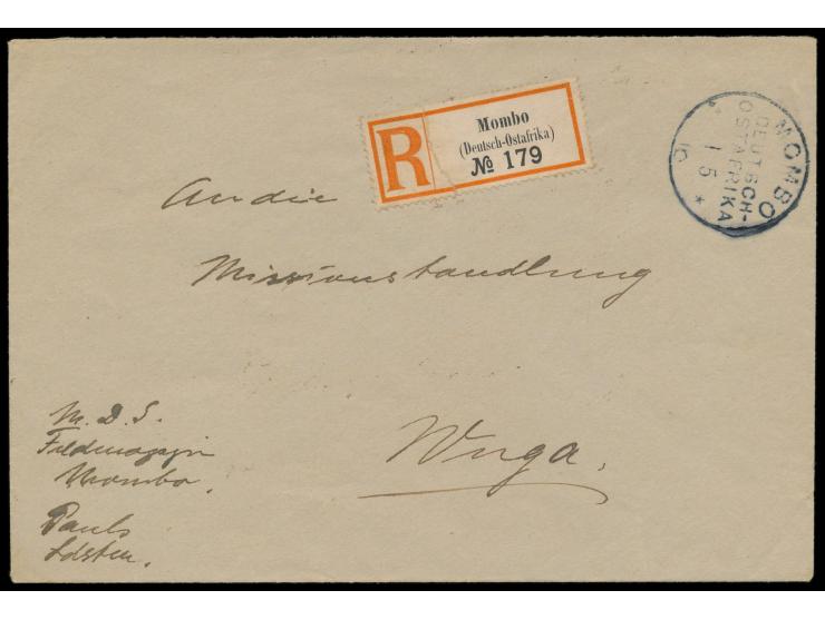 Stempel  Mombo  1.5.16 auf portofreiem Dienstbrief des Feldmagazins Mombo nach Wuga, Einschreibzettel Mombo mit Nr. 179 mögli