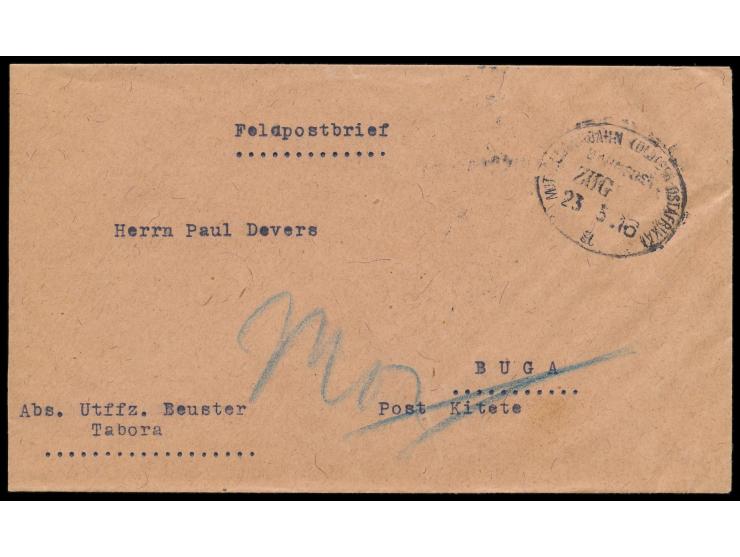 Bahnpoststempel &nbsp;Mittellandbahn (Deutch-Ostafrika) a &nbsp;Zug ... (ohne) 23.5.16 auf Feldpostbrief mit vorderseitiger A