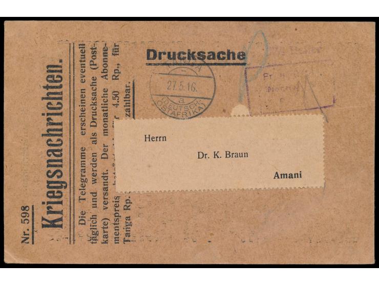 R3  Fr. lt. Einn. Nachw. in Tanga  mit L1  2 1/2 Heller  und Stempel Tanga a 27.5.16 auf  Kriegsnachrichten-Karte Nr. 598  na