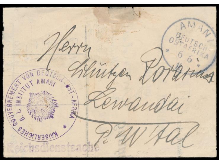 Stempel  Amani  6.6.16 (Aushilfsjahreszahl) auf Faltbrief "Reichsdienstsache" mit Dienstsiegel  ... B. L. Institut Amani  nac