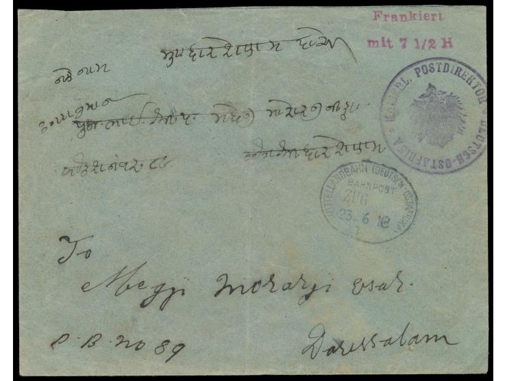 Morogoro-Vorausfrankierungsumschlag  mit Bahnpoststempel  Mittellandbahn (Deutsch-Ostafrika) b  ohne Zug-Nr. 23.6.16 nach Dar