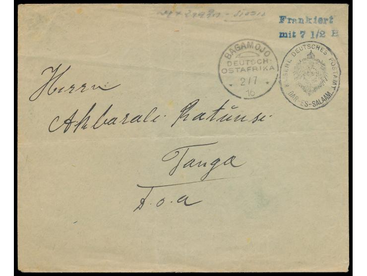 Stempel  Bagamojo  2.7.16 mit sogenannter  "Berliner Jahreszahl"  auf Daressalam-Vorausfrankierungsumschlag nach Tanga, mehre