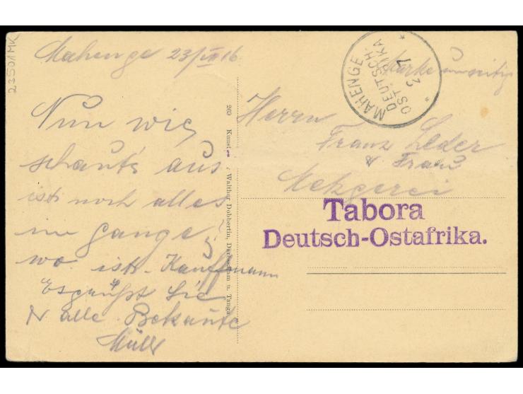 Stempel  Mahenge  23.7.16 (Berliner Jahreszahl nicht abgeschlagen) vorder- und rückseitig auf mit 4 H. bildseitig frankierter