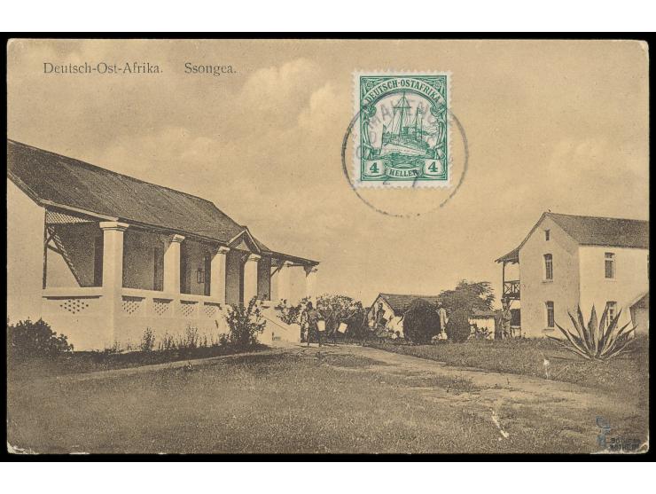 Stempel  Mahenge  23.7.16 (Berliner Jahreszahl nicht abgeschlagen) vorder- und rückseitig auf mit 4 H. bildseitig frankierter