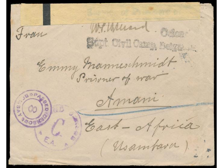 Brief aus dem indischen  Internierungslager Belgaum  an Emmy Manneschmidt in Amani, Lagerstempel, indische und britische Zens