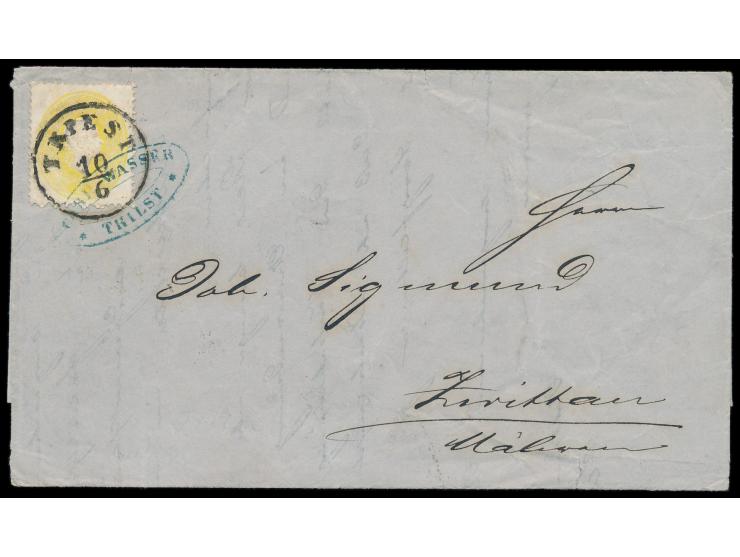 Ausgabe 1860 2 Kr. auf Faltdrucksache mit gedrucktem Inhalt, Marke mit blauer Firmenstampiglie "Carl Wasser / Triest"  voraus