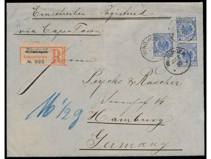 3 x  Vorläufer  20 Pf. auf  Einschreibbrief  2. Gewicht mit Stempel  Windhoek  21.7.95 "via Cape Town" nach Hamburg,  R-Zette