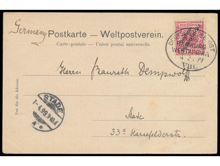 Stempel Deutsche Seepost  Linie Hamburg - Westafrika VIII.  4.3.99,  Dampfer Melita Bohlen,  Dreibild-Ansichtskarte Swakopmun