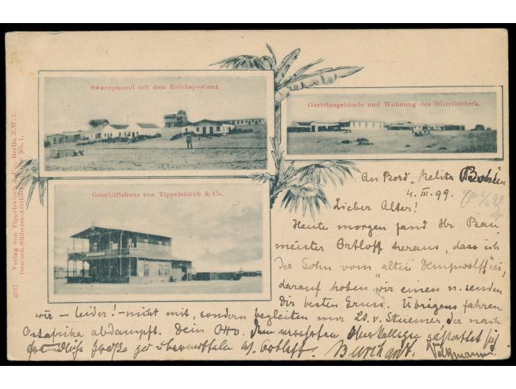 Stempel Deutsche Seepost  Linie Hamburg - Westafrika VIII.  4.3.99,  Dampfer Melita Bohlen,  Dreibild-Ansichtskarte Swakopmun