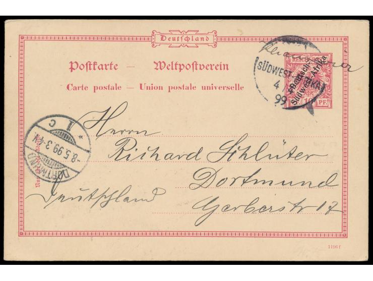 handschriftlich  Khanrivier  und 2 x  Wanderstempel  4.4.99 auf Ganzsache 10 Pf. nach Dortmund, Ankunftstempel 8.5.99, ohne T