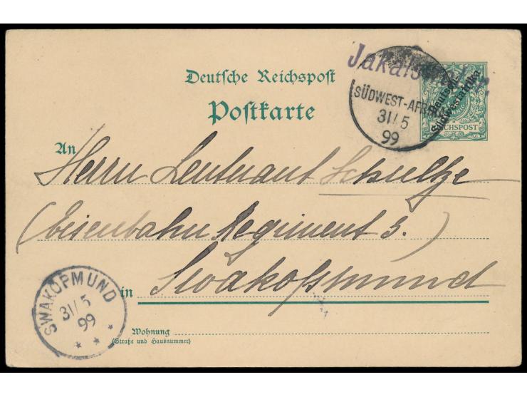 violetter L1  Jakalswater  und  Wanderstempel  31.5.99 auf Ganzsache 5 Pf. nach Swakopmund, Ankunftstempel 31.5.99, Absender 