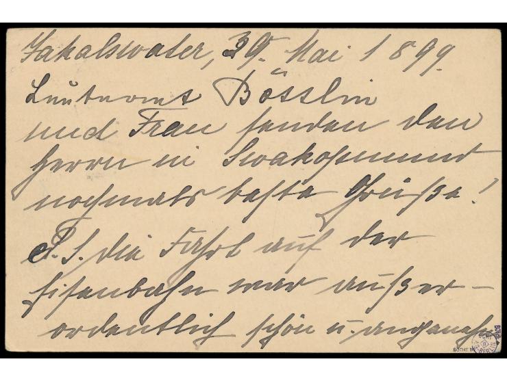 violetter L1  Jakalswater  und  Wanderstempel  31.5.99 auf Ganzsache 5 Pf. nach Swakopmund, Ankunftstempel 31.5.99, Absender 