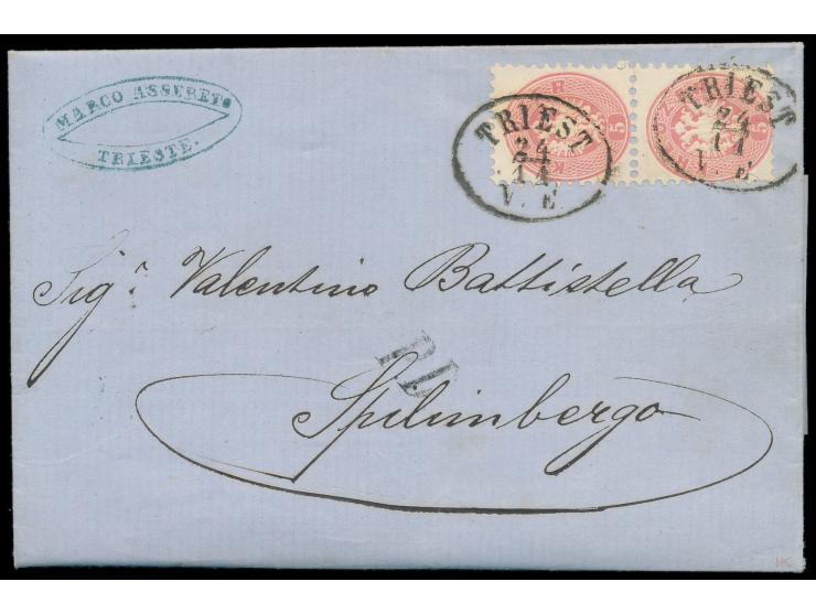 Ausgabe 1863 / 64:  2 x 5 Kr. auf Faltbrief mit Ovalstempel  Triest  24.11.(1866) nach Spilimbergo (Provinz Udine, Venetien),