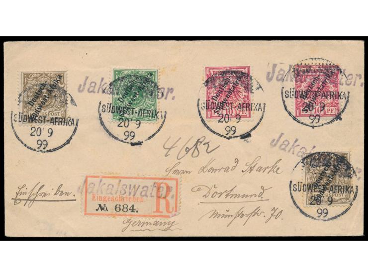 3 x violetter L1  Jakalswater  und 5 x  Wanderstempel  20.9.99 auf  Einschreibbrief  mit 2 x 3 Pf., 5 Pf. und 2 x 10 Pf. nach