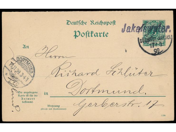 violetter L1  Jakalswater  und Wanderstempel 17.10.99 auf Ganzsachen-Doppelkarte 5 Pf. nach Dortmund, Ankunftstempel 18.11.99