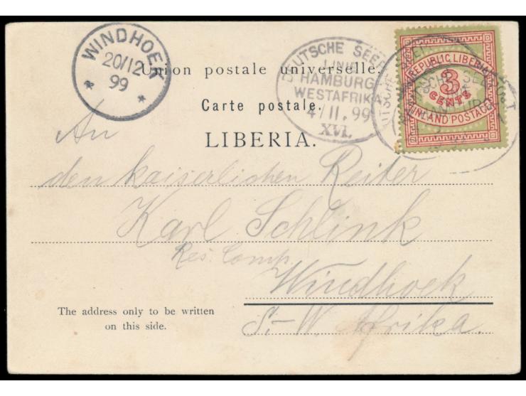 Ansichtskarte mit  Liberia 3 C.  und Stempel Deutsche Seepost  Linie Hamburg - Westafrika XVI.  4.11.99, Dampfer Thekla Bohle
