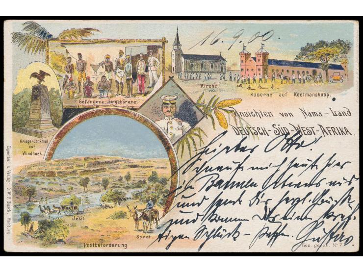 Litho-Ansichtskarte  "Ansichten von Nama-Land ...",  Frankatur 5 Pf., Stempel  Gross-Barmen  17.9.00, nach Windhoek, Ankunfts